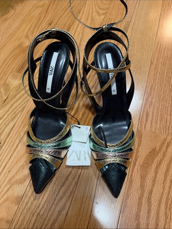 Zara Shoes - Zara Metallic Gold, Green & Black Strappy Pointed-Toe Heels